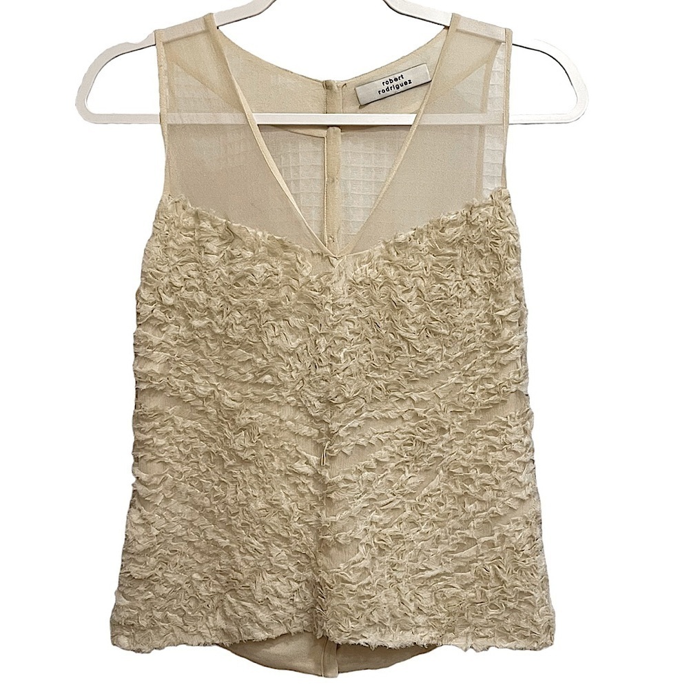 Robert Rodriguez Designer Top Sleeveless Back Button Beige Silk Raw Edge Small